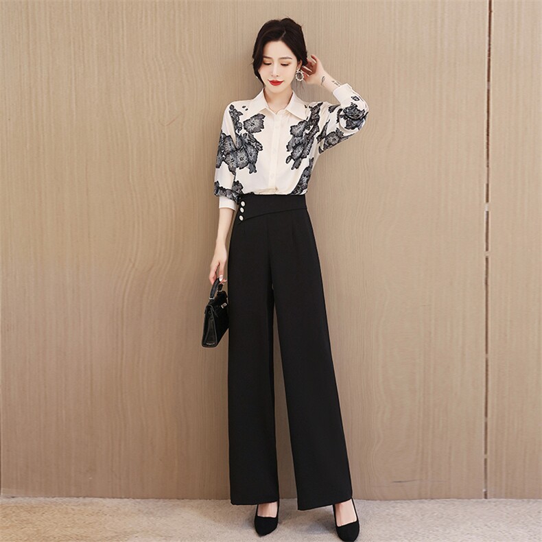 现货印花长袖衬衫女2022秋新款个性宽松雪纺衬衣阔腿裤,女装套装/套裙,贵人树
