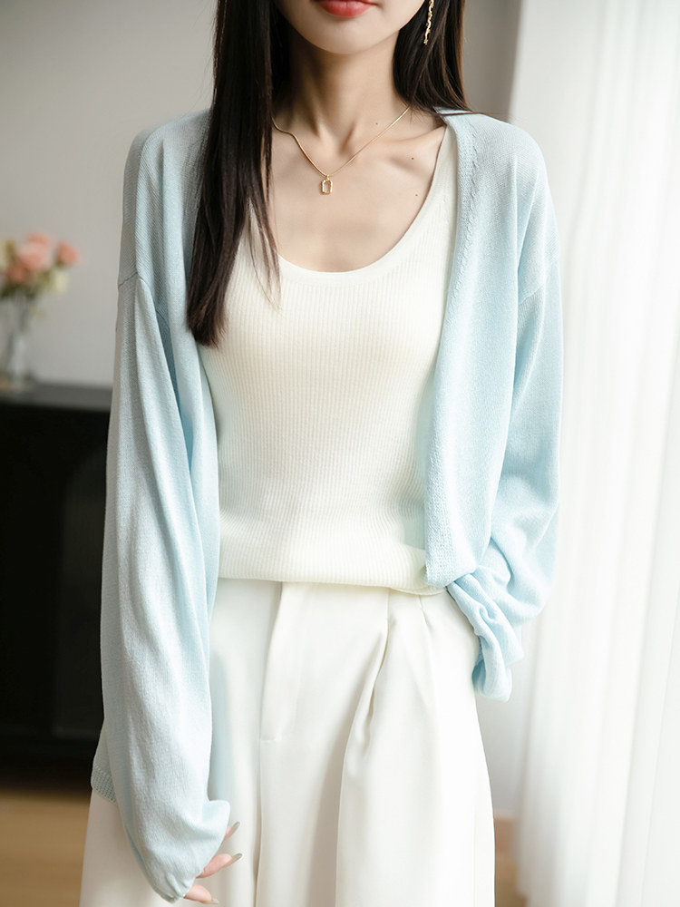 法式V领冰丝针织开衫女长袖防晒衣2025夏薄披肩上衣薄款外穿小衫,针织衫/毛衣,佳绒包芯纱店