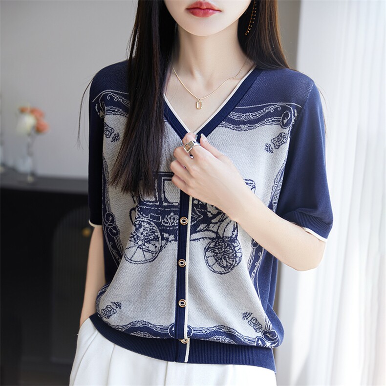 高级感复古提花夏季V领假开衫短袖女天丝薄款洋气休闲透气撞色T恤,针织衫/毛衣,郡淞羊绒