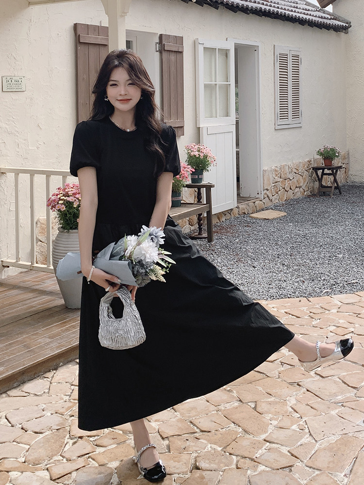 现货－夏季新款黑色赫本风短袖针织拼接连衣裙330-P110K168,女装连衣裙,浪娴服饰