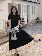 现货－夏季新款黑色赫本风短袖针织拼接连衣裙330-P110K168，女装连衣裙，浪娴服饰