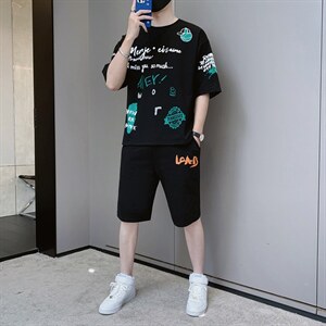 夏季新款短袖T恤套装青少年宽松潮流两件套男装F310P58,男装休闲套装,电商A086