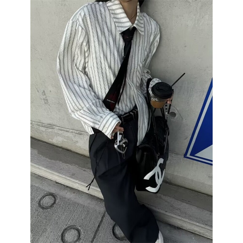 美式潮牌高街复古泡泡纱竖条纹日系肌理长袖衬衫男女休闲宽松衬衣,男装衬衫,电商A443
