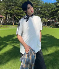 抖音得物高品质二开240克宽松纯棉美式潮牌三条杠织带短袖T恤，男装T恤，电商A486