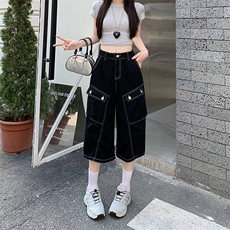X372-P52明线牛仔短裤夏季新款美式多口袋裤子宽松阔腿七分裤，男装牛仔裤，星座911