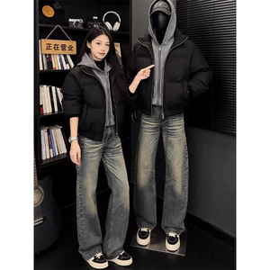 现货高品质重磅工艺美式高街假两件PU皮棉衣男女加厚棉服外套图片