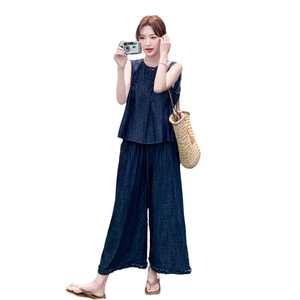 复古薄款牛仔套装女夏季2025新款独特漂亮设计感背心阔腿裤两件套图片