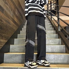 潮嘻哈风拼接牛仔裤男美式复古水洗高街宽松牛仔裤G8150-P45，男装牛仔裤，星座1001-1