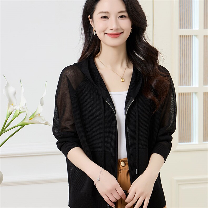 减龄宽松天丝亚麻开衫女短外套透气防晒小衫2025春夏新款连帽拉链,针织衫/毛衣,秋虹羊绒