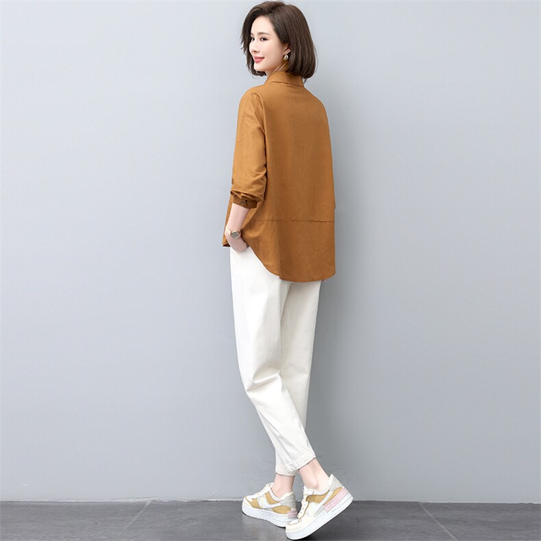 棉麻套装女秋季2023年新款时尚百搭宽松大码衬衫女两件套,女装套装/套裙,涵誉