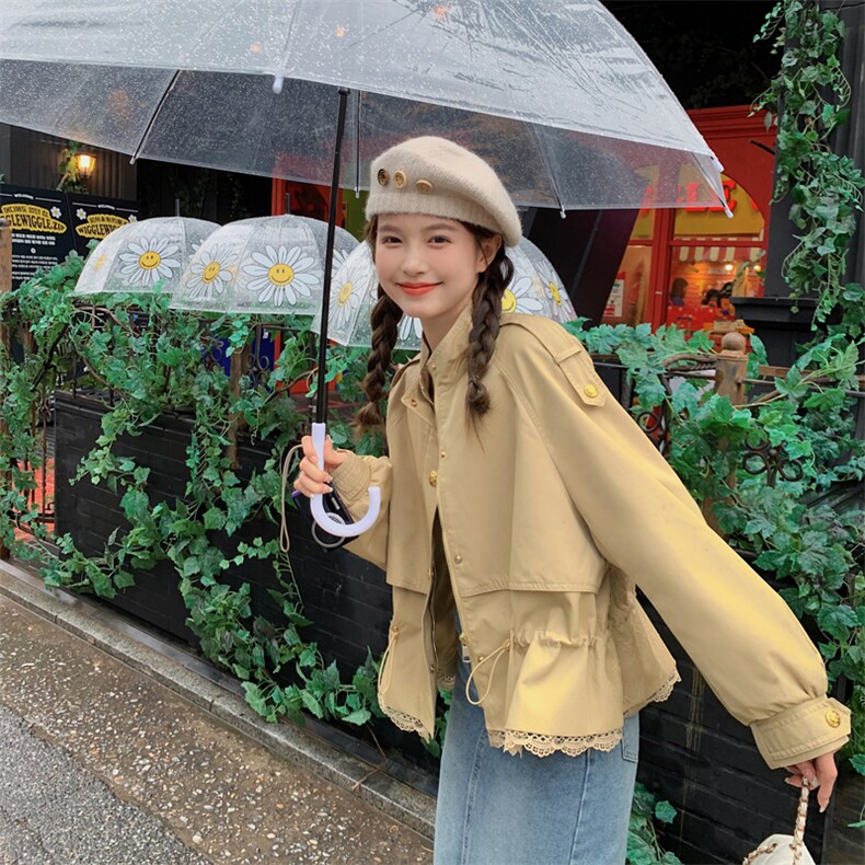 卡其色蕾丝拼接短外套女春秋2025新款小香风设计感时尚小个子风衣,女装短外套,帛香坊