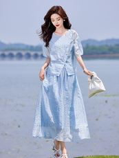 蓝色连衣裙套装女2025新款韩系夏日穿搭一整套短袖吊带裙子三件套，女装套装/套裙，靓衣阁