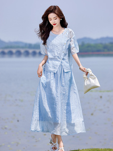 蓝色连衣裙套装女2025新款韩系夏日穿搭一整套短袖吊带裙子三件套图片