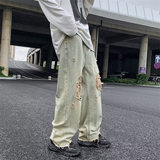 破洞牛仔裤男美式高街复古高腰宽松直筒阔腿裤子K768-P42，男装牛仔裤，星座1109-3