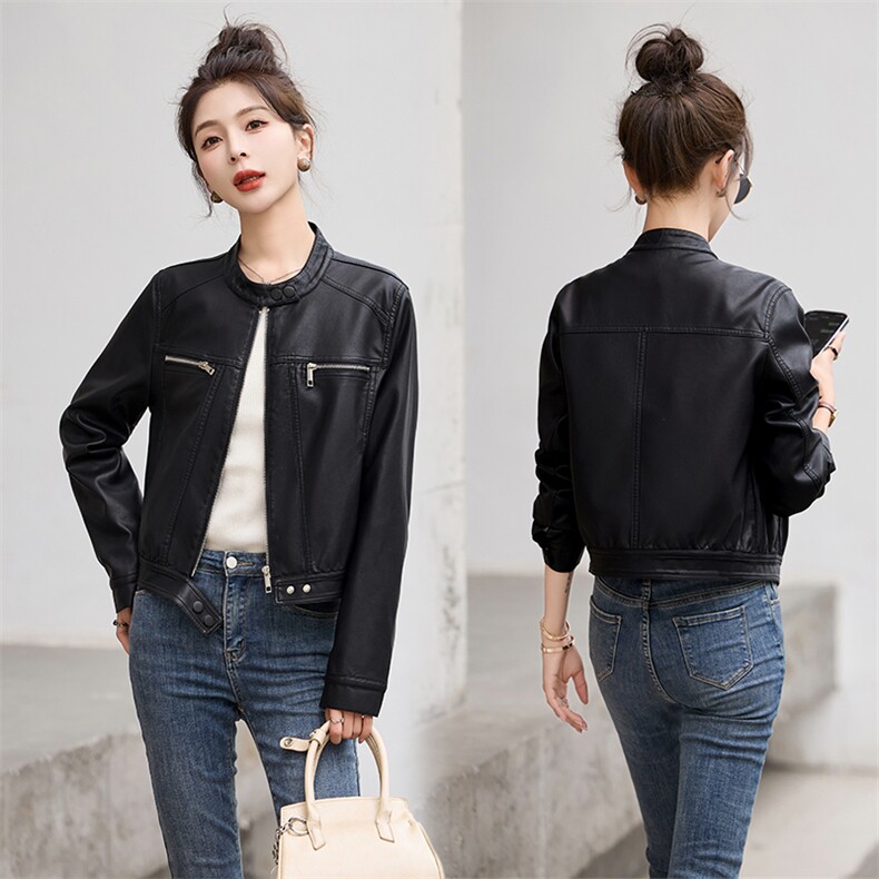 欧货圆领长袖搭扣皮衣外套女2024年春季新款机车时尚皮夹克短外套，女装皮衣，潮流依族