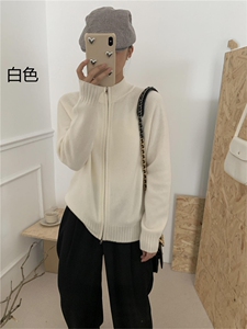女士秋冬10%羊绒全拉链开衫纯色简约黑色宽松显瘦外套图片