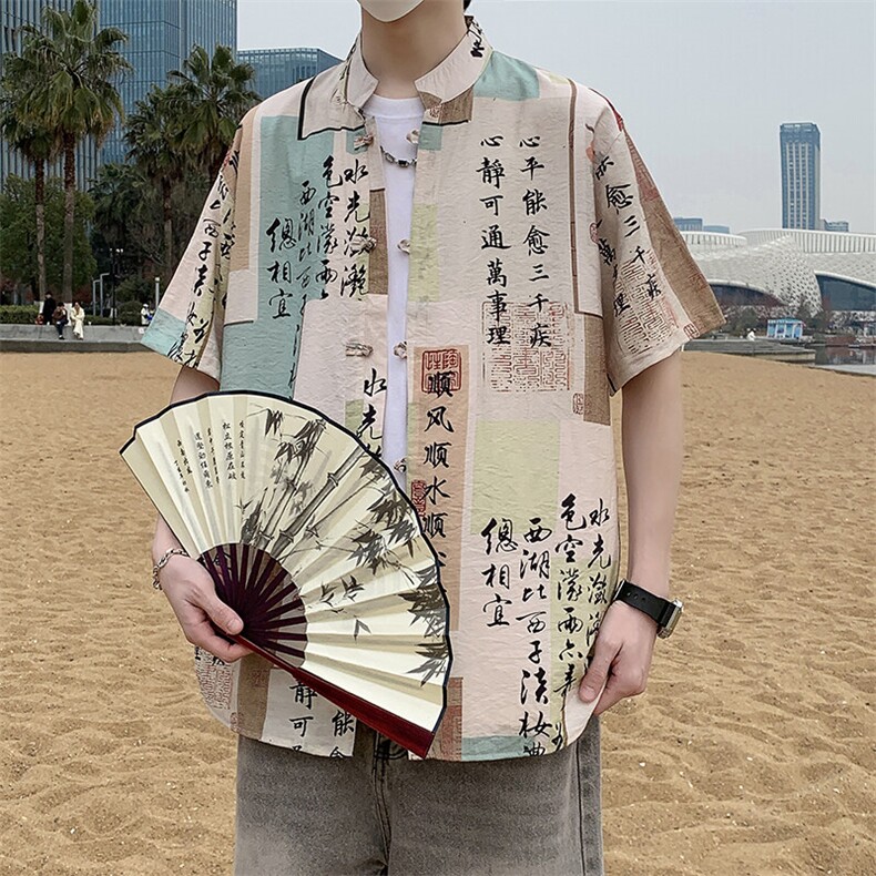 新中式唐装花衬衫男夏季潮流风盘扣短袖衬衣7003P40,男装衬衫,电商A056