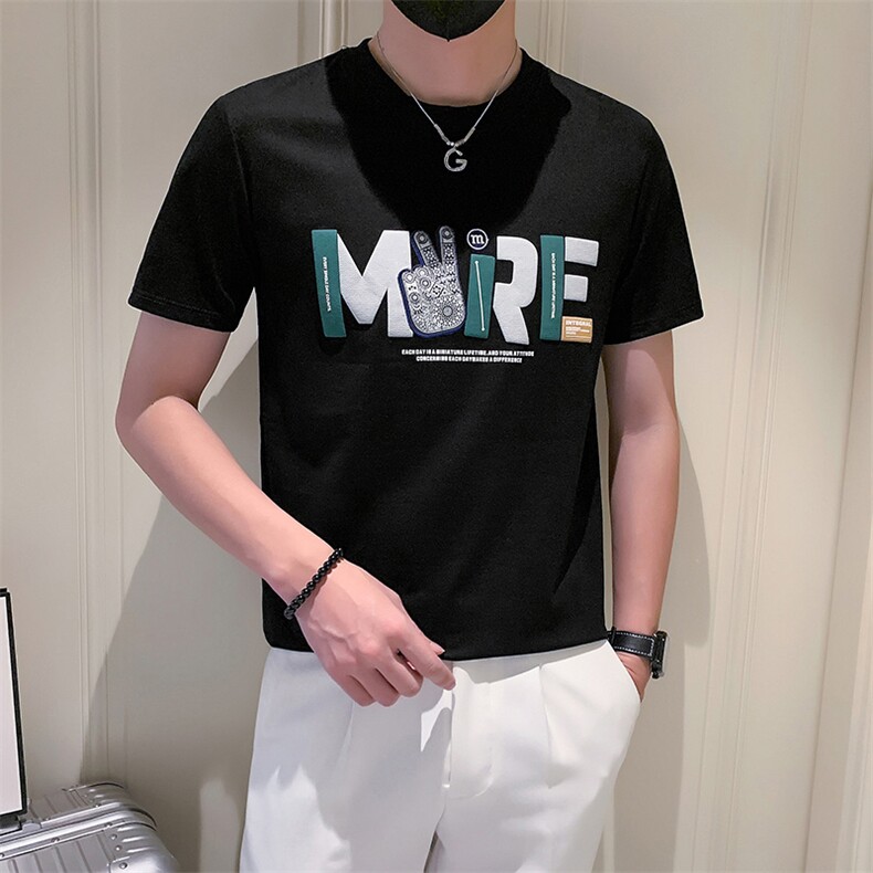 B353 336 P48 黑色小伙2023年夏季新款字母印花男短袖上衣T恤1图片