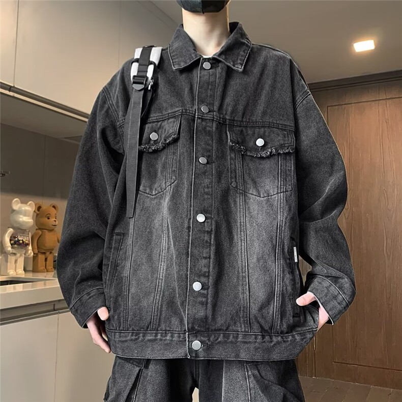 潮牌美式做旧水洗拼接牛仔外套男女复古宽松百搭夹克W016-P47网图，男装工装外套，电商B245