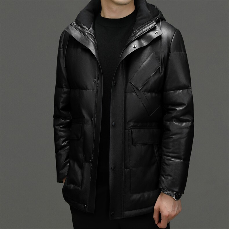 秋冬新款男士羽绒服男中长款连帽外套鹅绒服绵羊皮夹克P1250,男装皮衣,电商B360