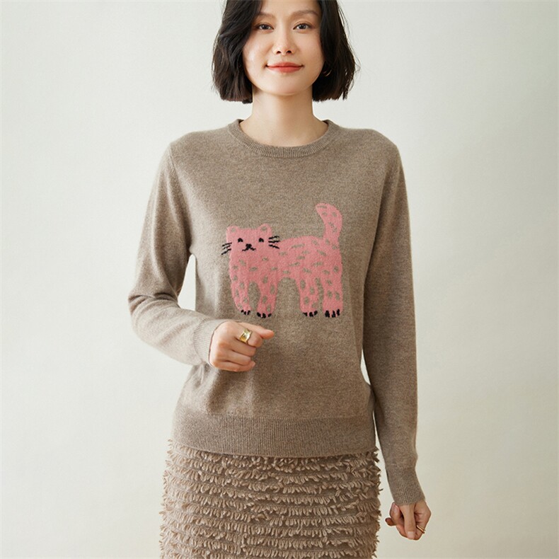 时尚可爱猫咪图案女士羊绒衫舒适保暖圆领设计,女装羊绒衫,迎冬羊绒