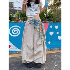 复古辣妹格子屁帘拼接设计感阔腿裤女夏宽松褶皱工装伞兵裤，女装休闲裤，星座1210-1