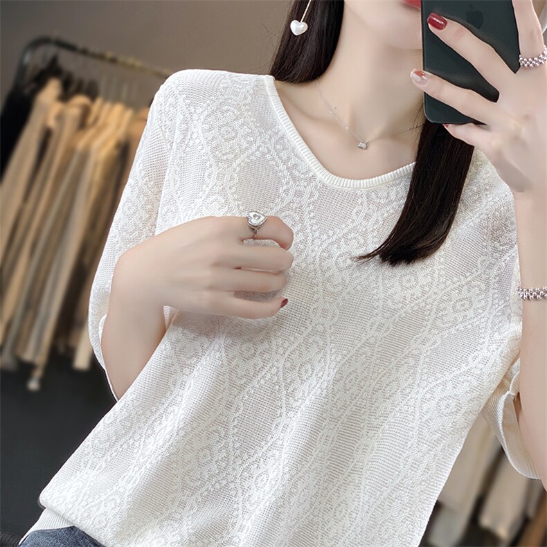 新款简约亲肤针织圆领条纹针织短袖基础百搭，女装针织衫/毛衣，欣美羊绒