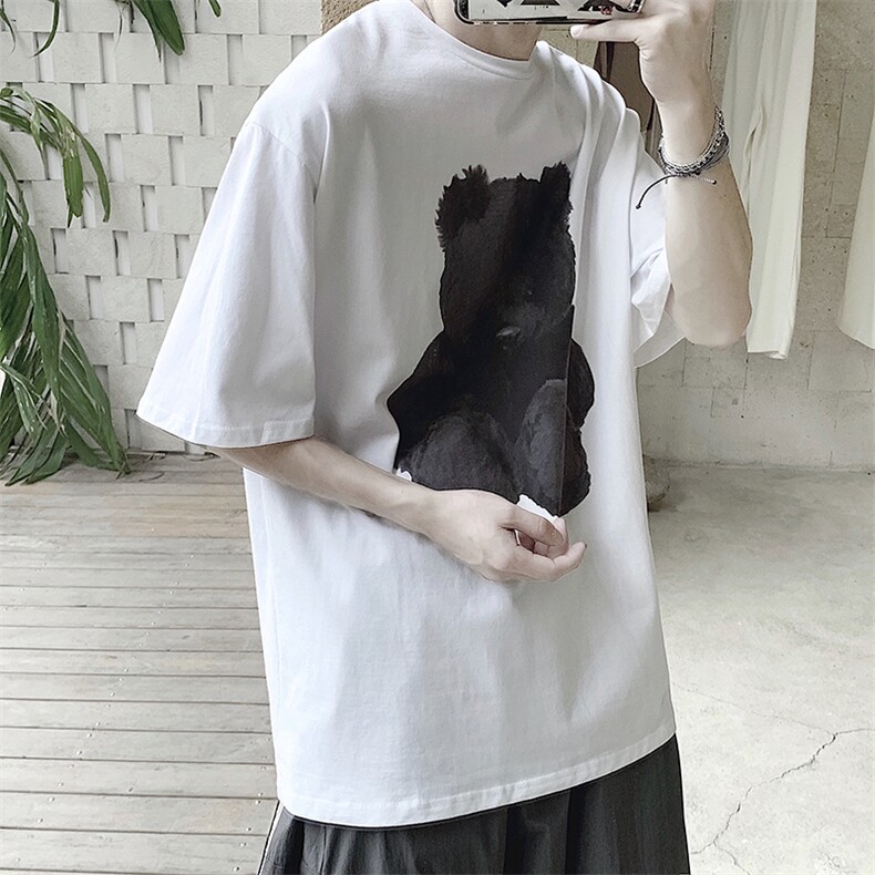 主推款XZ607-1-DG02-P35小熊印花ins情侣冷淡风短袖T恤,男装T恤,星座607-1