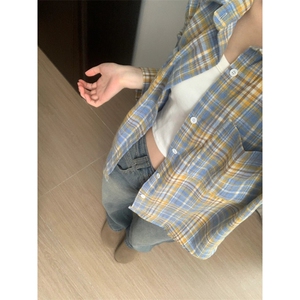 复古蓝黄格子衬衫男女穿搭高级感内搭叠穿格纹衬衣外套K342-P45