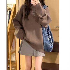重磅秋冬男女纯色打底针织衫圆领套头半高领毛衣美式复古休闲上衣图片