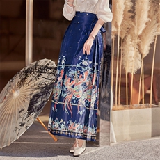 新中式改良马面裙女2024春高腰显瘦中国风印花百褶汉服半身裙，女装半身裙，采品优优