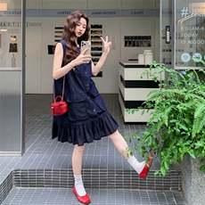 韩版网纱拼接无袖牛仔连衣裙女2025夏季新款绝美减龄小个子A字裙，女装连衣裙，2D044