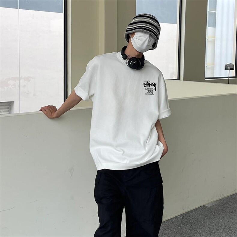 抖音得物210克现货宽松纯棉美式潮牌印花落肩袖纯棉T恤AT21116,男装T恤,电商A443
