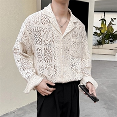 春秋新款复古镂空花衬衫男长袖设计感小众日系宽松薄款休闲衬衣潮，男装衬衫，星座715-4