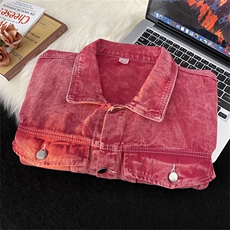 美式复古粉色水洗拼接牛仔外套男女古着情侣棒球服，女装职业装，星座410-7