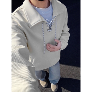 特批P36无差价2025翻领系绳卫衣男纹理感亨利领宽松百搭卫衣W5030图片