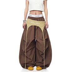 BLACKLISTS美式复古格子屁帘绑带伞兵裤男女褶皱设计感宽松阔腿裤，女装休闲裤，星座1210-1