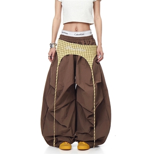 BLACKLISTS美式复古格子屁帘绑带伞兵裤男女褶皱设计感宽松阔腿裤,女装休闲裤,星座1210-1