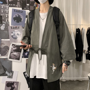 2021夏新港风海报墙潮流大码boy亚麻刺绣七分袖道袍开衫T1535-P40，男装T恤，电商A001