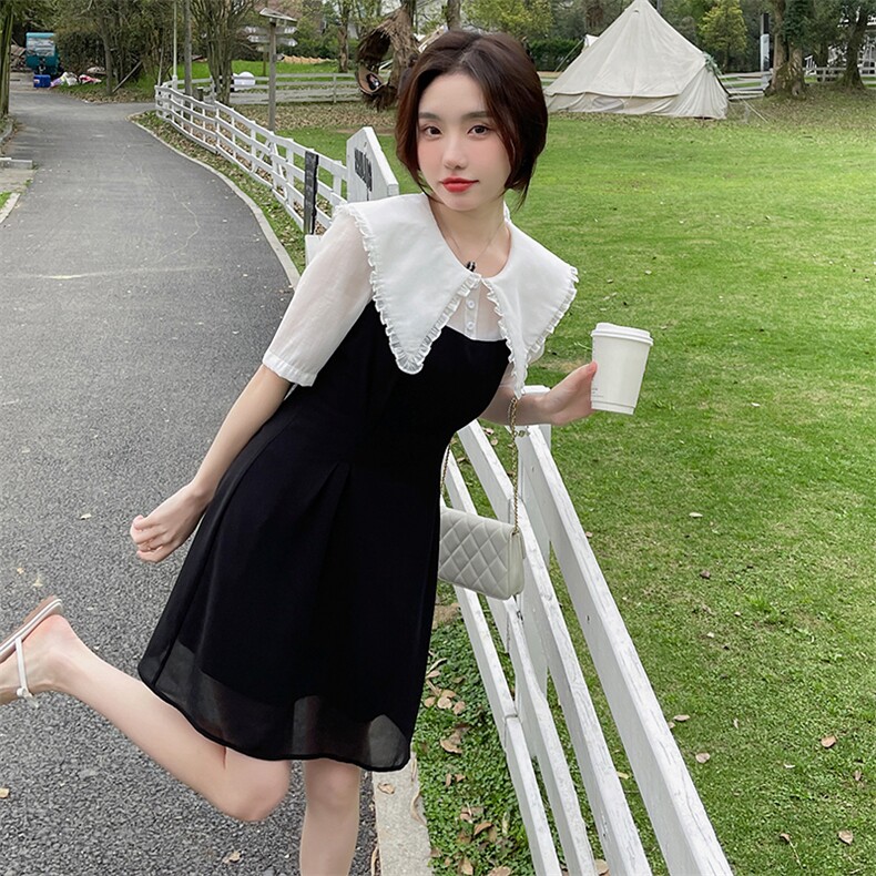 韩版学院风拼色连衣裙女2024夏季新款大尖领设计收腰气质感裙子,女装连衣裙,唯依ONLY