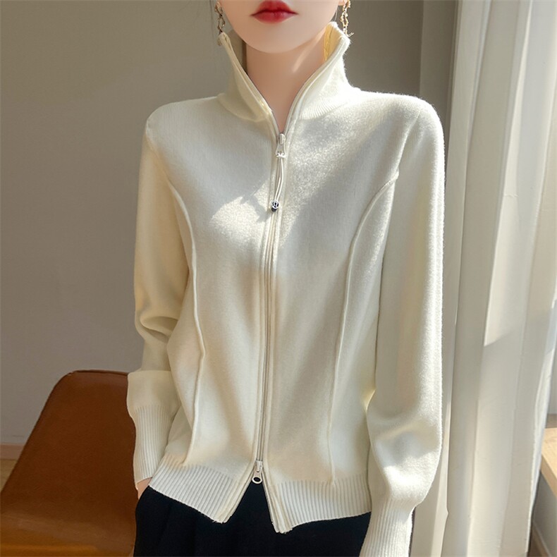2024秋冬新款超简约时尚感立领针织开衫女双拉链宽松减龄外搭上衣，女装短外套，圣丽羊绒