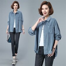 灯芯绒衬衫女新款2024年韩版宽松中长款百搭春秋薄款条绒休闲外套，女装衬衫，涵誉