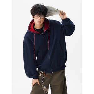 8XL-M秋连帽卫衣男宽松休闲纯色拉链开衫外套拼色帽衫运动WY27P65图片