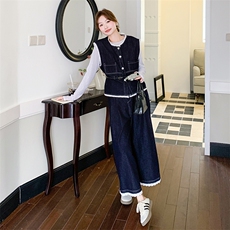 蕾丝拼接牛仔马甲背心套装女2025春季新款九分阔腿裤时尚三件套，女装套装/套裙，2C239