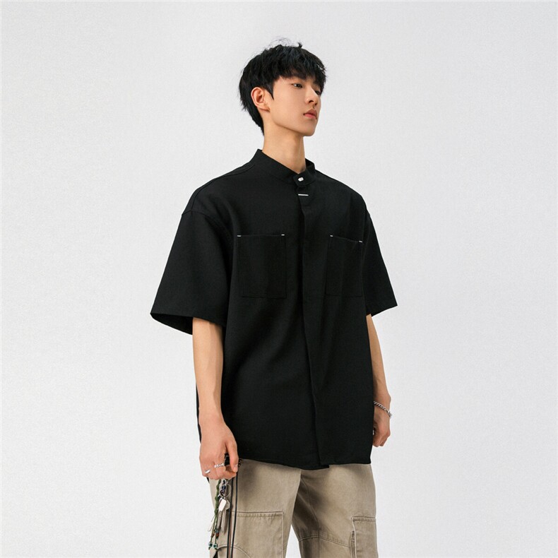 新中式立领衬衫风暗扣工装大码M-5XL半袖衬衣男78013P48控78图片