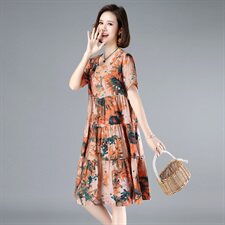 涵誉2021年夏季优雅花色圆领领荷叶边松紧腰纯棉花色蛋糕裙连衣裙，女装连衣裙，涵誉