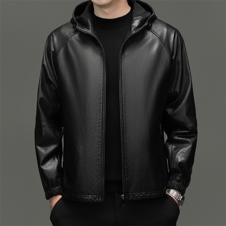 DLSN-D25139韩版纯色连帽短款休闲男装新款春秋外套真皮皮衣男，男装皮衣，电商B360A（原721A）