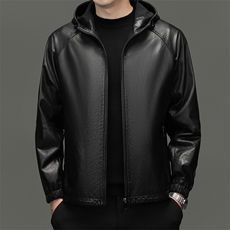 DLSN-D25139韩版纯色连帽短款休闲男装新款春秋外套真皮皮衣男，男装皮衣，电商B360A（原721A）