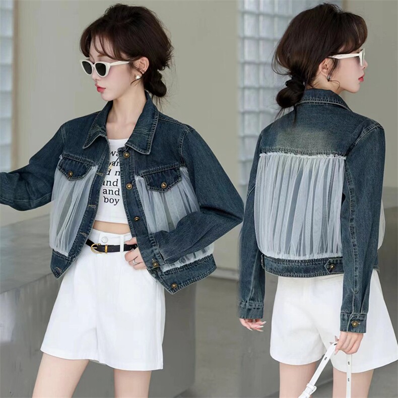 现货浪漫甜美网纱拼接牛仔外套2024春秋季新款时尚休闲短款夹克女，女装牛仔外套，美拉德工厂直营店