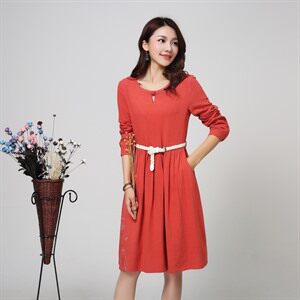 时尚优雅红色长袖连衣裙 修身显瘦百搭女装 适合春季秋季穿着 搭配腰带更显气质,女装连衣裙,丽影随形